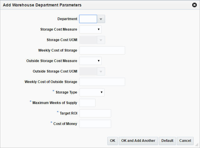 Add Warehouse Department Parameters window