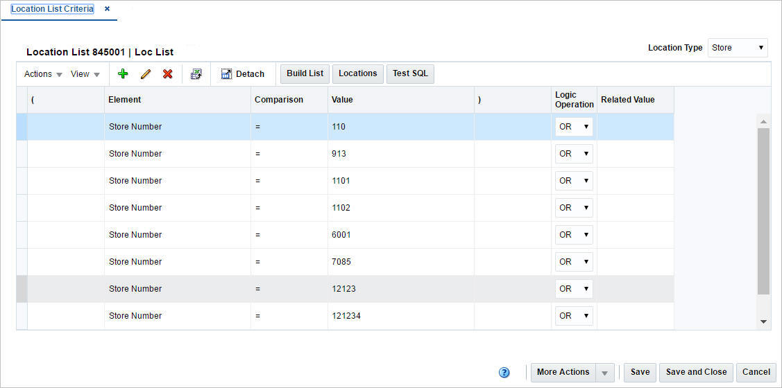 Location List Criteria window