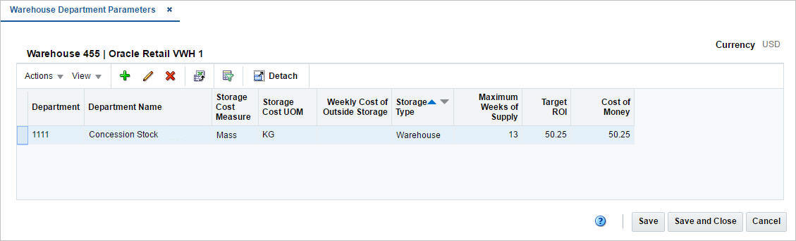 Warehouse Department Parameters window