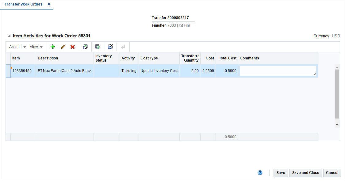 Transfer Work Orders window