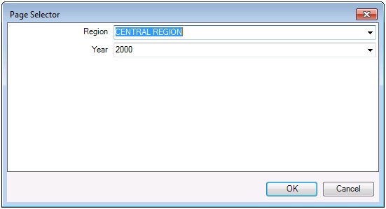 地域と年の選択肢を含む「ページ・セレクタ」ダイアログ・ボックス