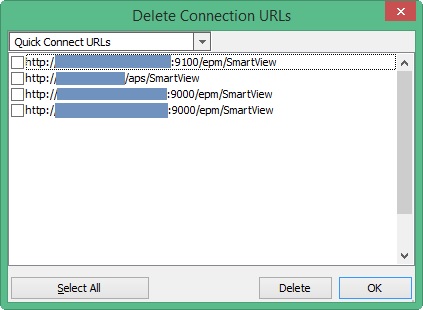 「接続URLの削除」ダイアログ・ボックスには、ドロップダウン・メニュー・セレクタが表示されたテキスト・ボックスと、プライベート接続URLのリストと、各URLの横にあるチェックボックスが表示されます。 Select Allボタン、Deleteボタン、OKボタンもあります。 