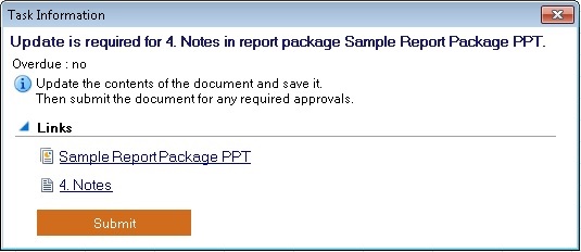 「タスク情報」ダイアログ・ボックスには、該当するレポート・パッケージへのリンクと該当するドックレットへのリンクが直接表示されます。