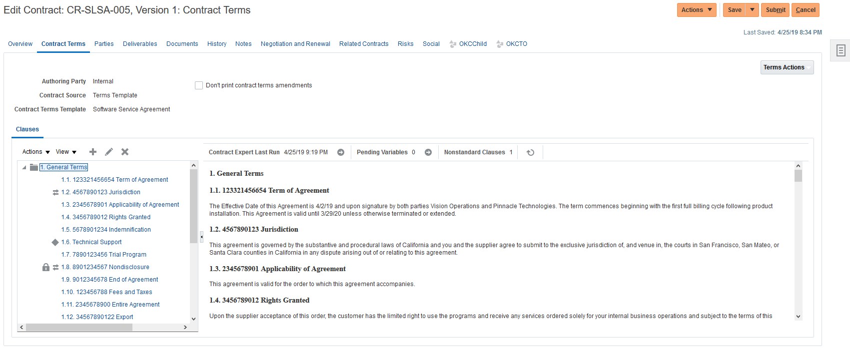 契約アプリケーションUIで、新しいツリー・アイコンとともに「契約条件」タブが表示されています。