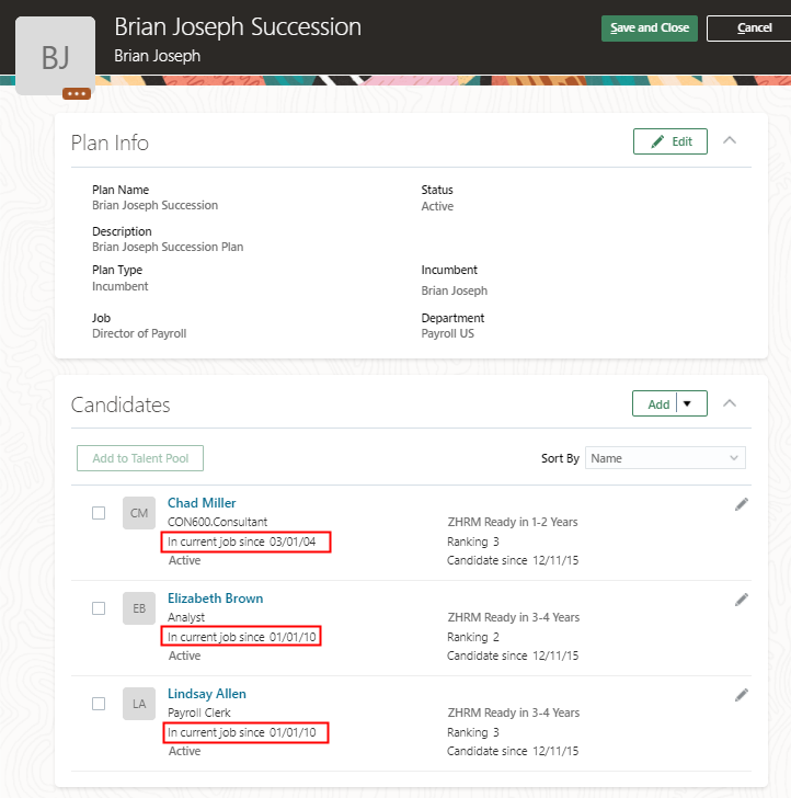 この画像は、「在職者」タイプの後任プランの「候補者」セクションを示しています。候補者ごとに、候補者が現在のジョブに移動した日付が表示されます。