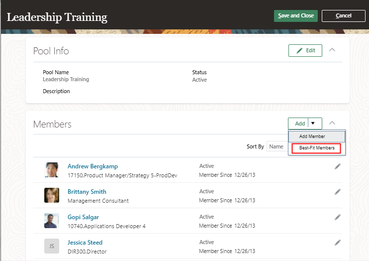 この画像はリーダーシップ・トレーニングのプールを示しています。「ベスト・フィット・メンバー」オプションが「追加」メニューに表示されます。