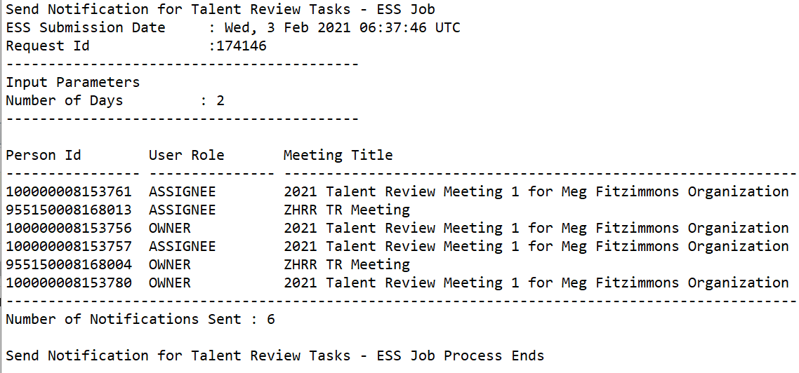 この画像は、「タレント・レビュー・タスクの通知の送信」プロセスのサンプル・ログ・ファイルを示しています。Person ID、ユーザー・ロールおよび会議タイトルが各通知に表示されます。