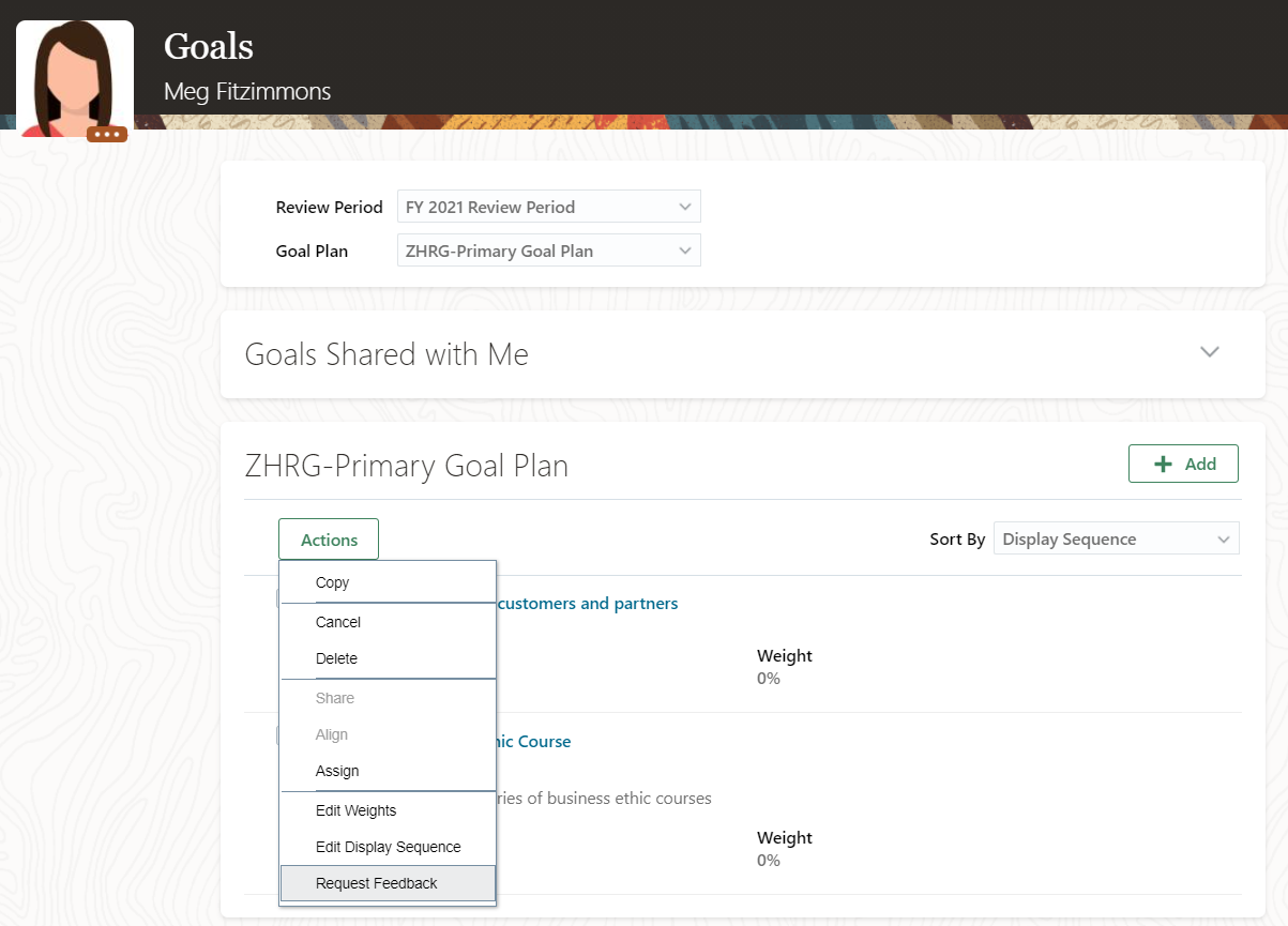 この画像は、ユーザーの「目標」ページの目標プランで選択した目標に対する「フィードバックの要求」処理を示しています。