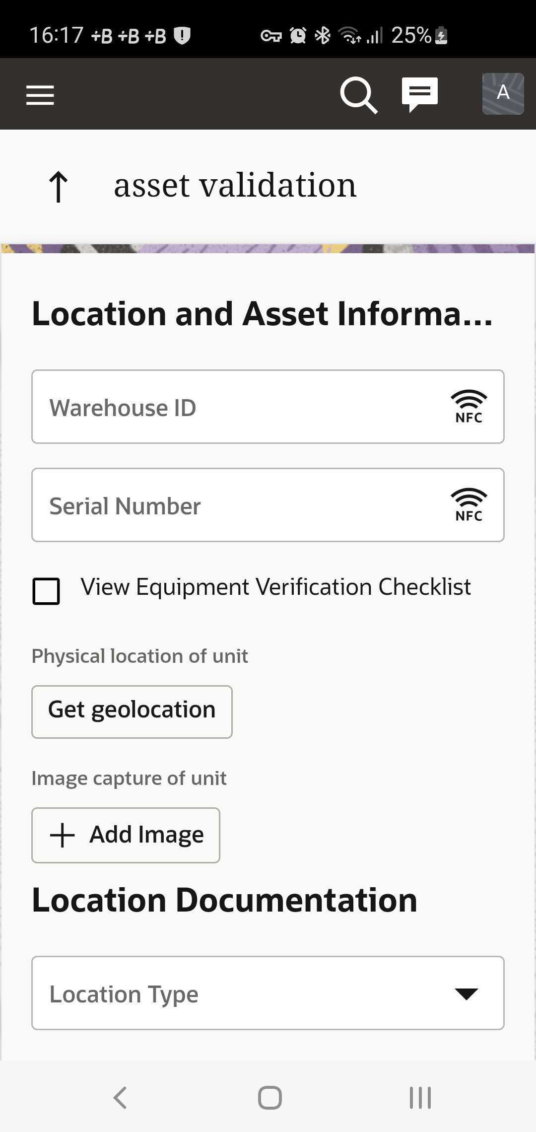 NFCタグのスキャン用に構成されたウェアハウスIDおよび「シリアル番号」フィールド