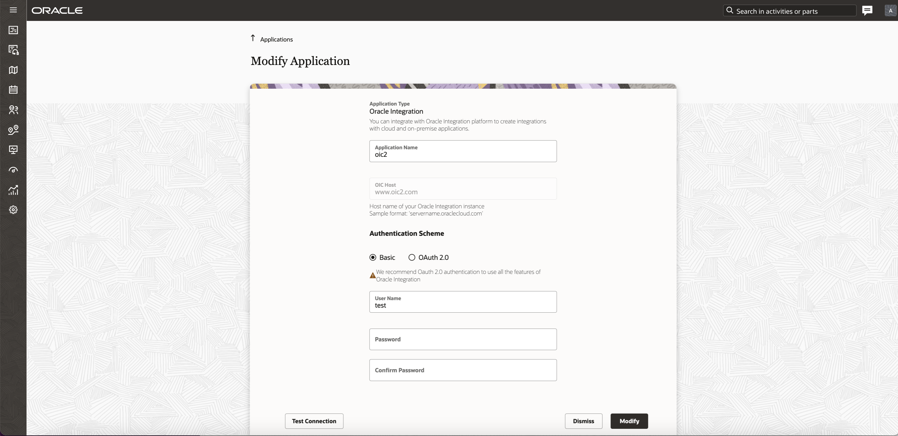 このスクリーンショットは、基本およびOAuth 2.0オプションを使用したアプリケーションの変更を示しています。