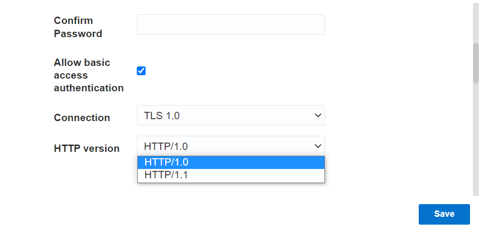 このスクリーンショットは、アウトバウンド・インタフェースのHTTPバージョン・フィールドを示しています。