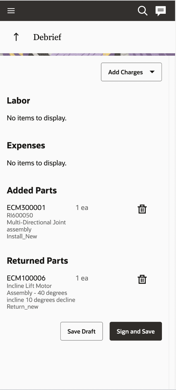このスクリーンショットは、追加された部品と返された部品を示しています。