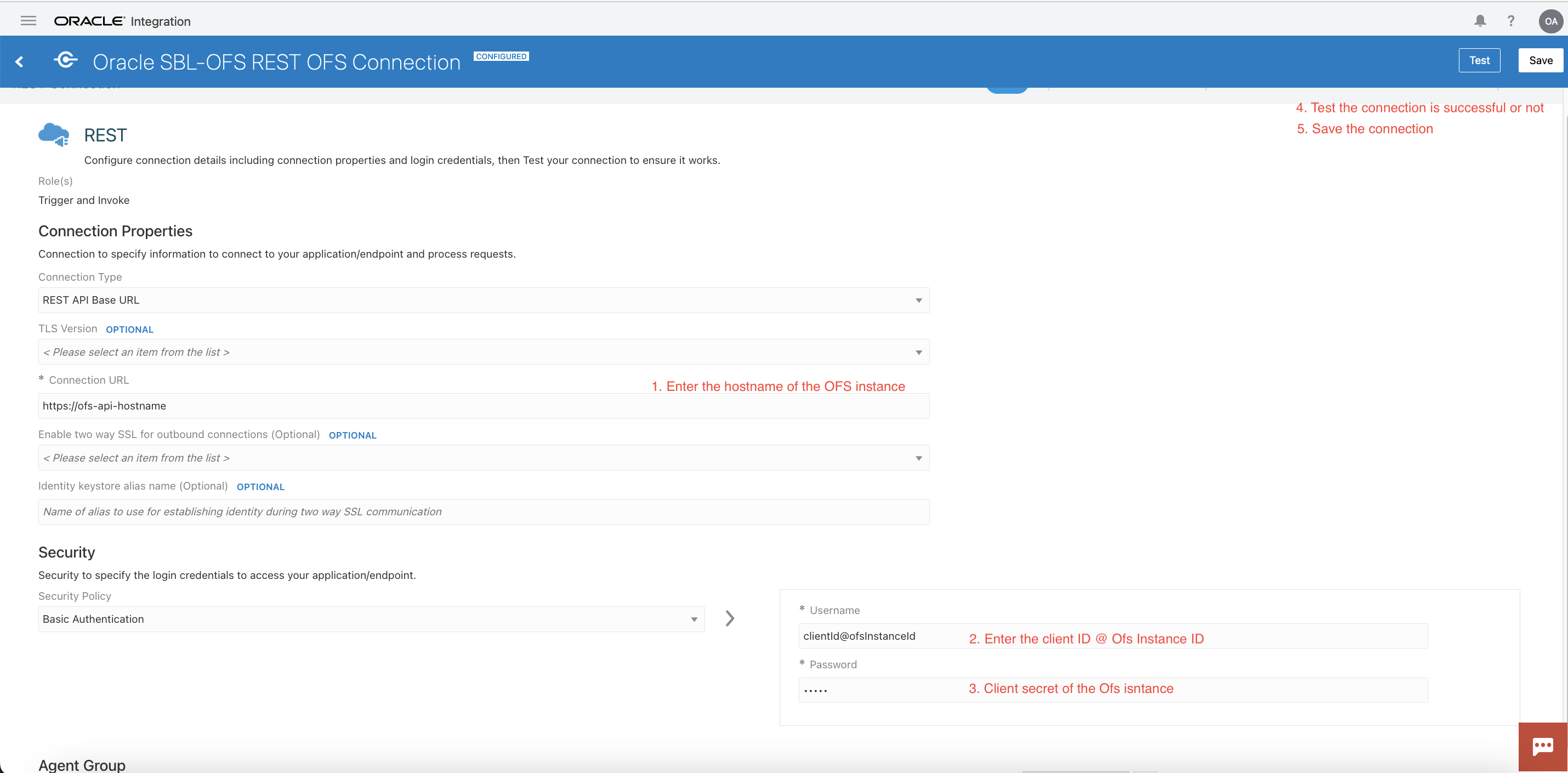このスクリーンショットは、Oracle SBL-OFS REST OFS接続のステップを示しています。