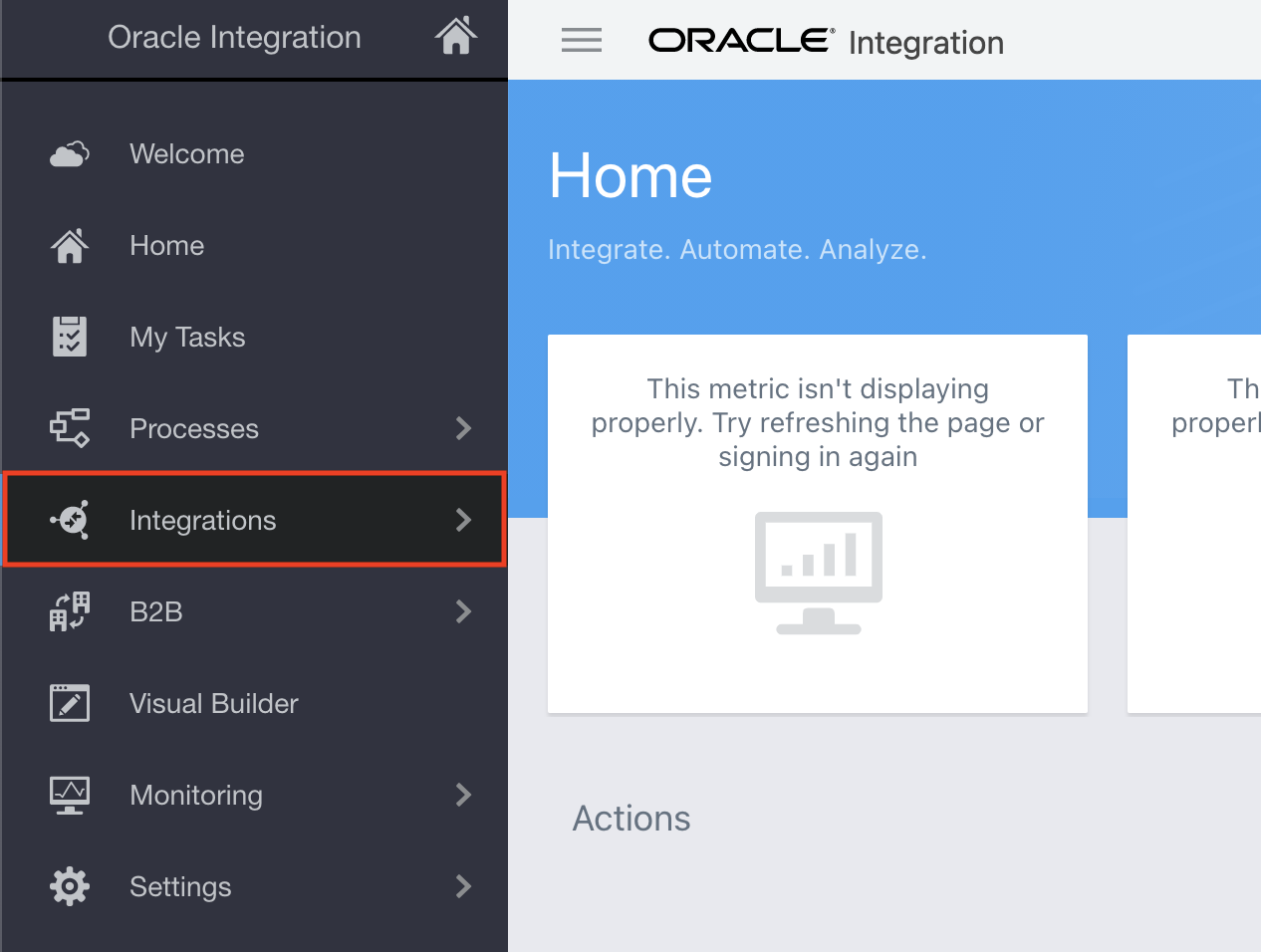 このスクリーンショットは、Oracle統合内の統合メニュー・オプションを示しています。