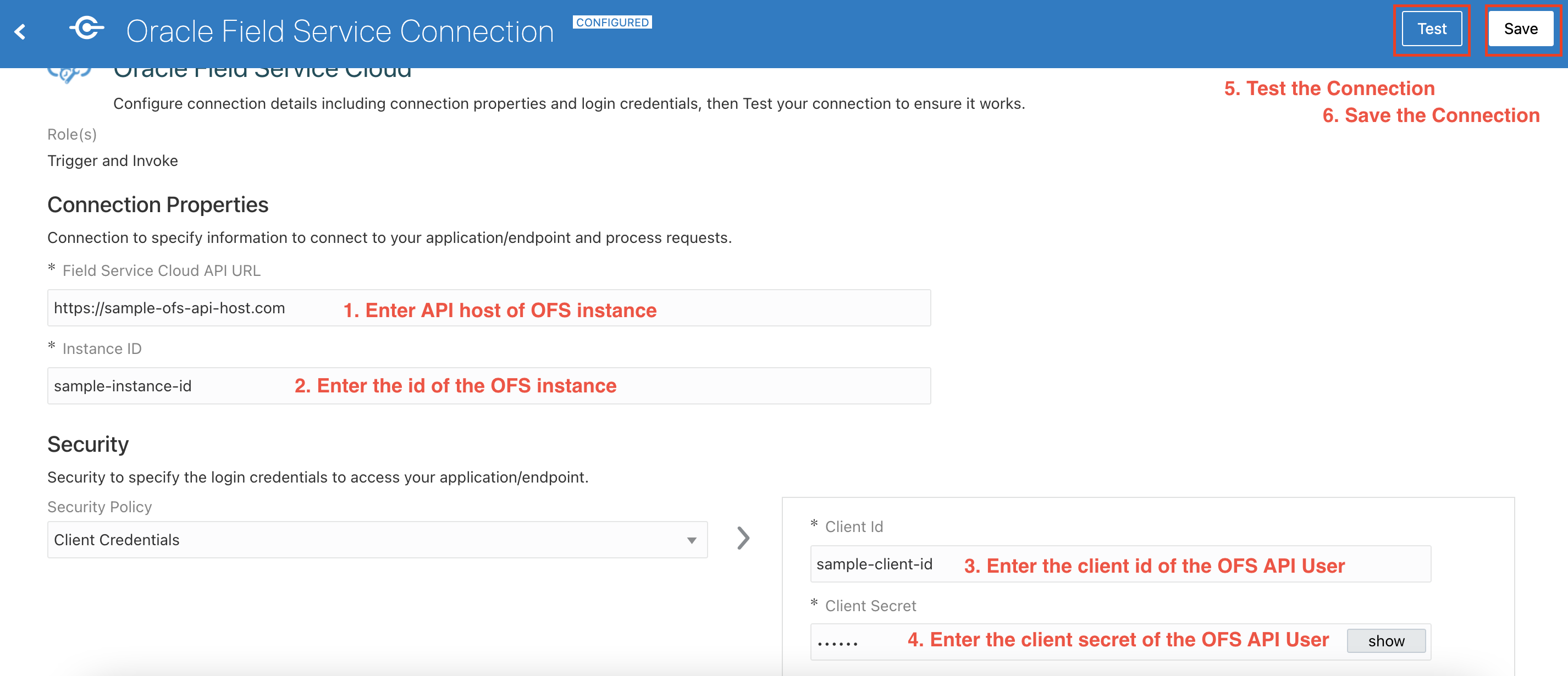 このスクリーンショットは、Oracle Field Service接続ページを示しています。