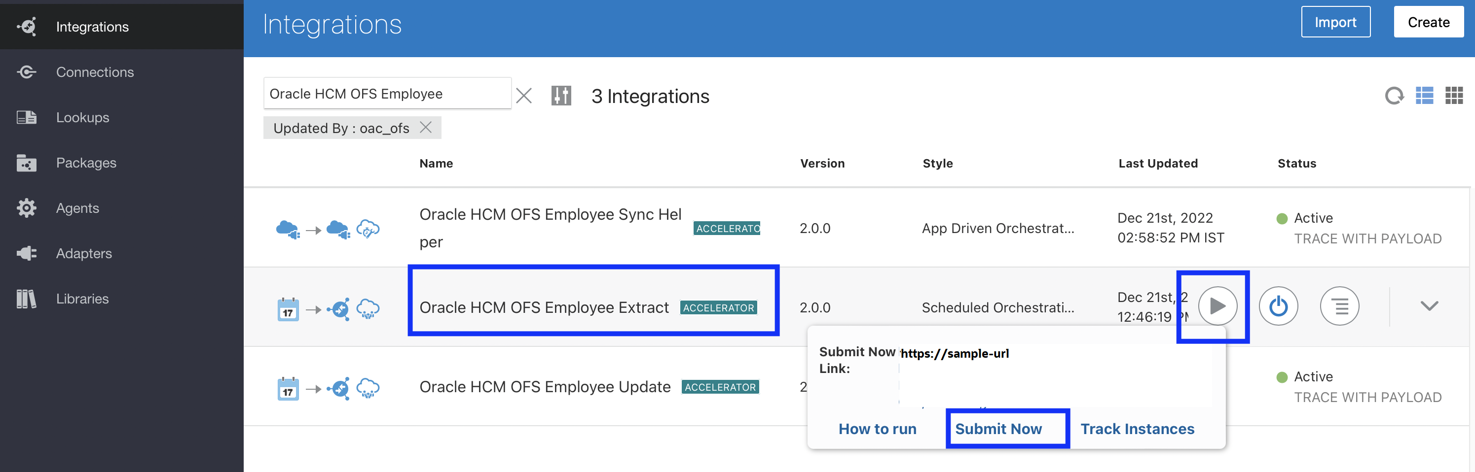 このスクリーンショットは、「Oracle HCM OFS従業員抽出アクセラレータ」オプションを示しています。