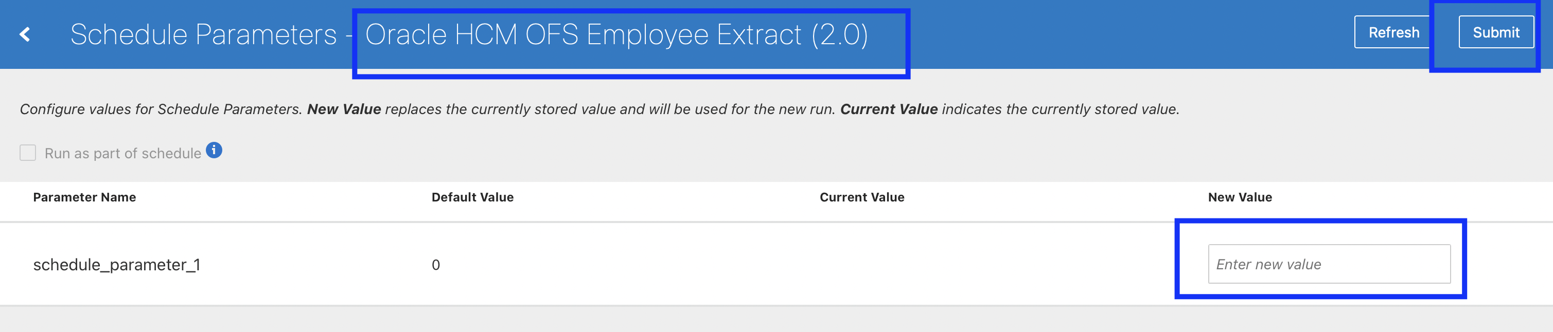 このスクリーンショットは、「Oracle HCM OFS従業員抽出アクセラレータ」オプションの「スケジュール・パラメータ」ページを示しています。