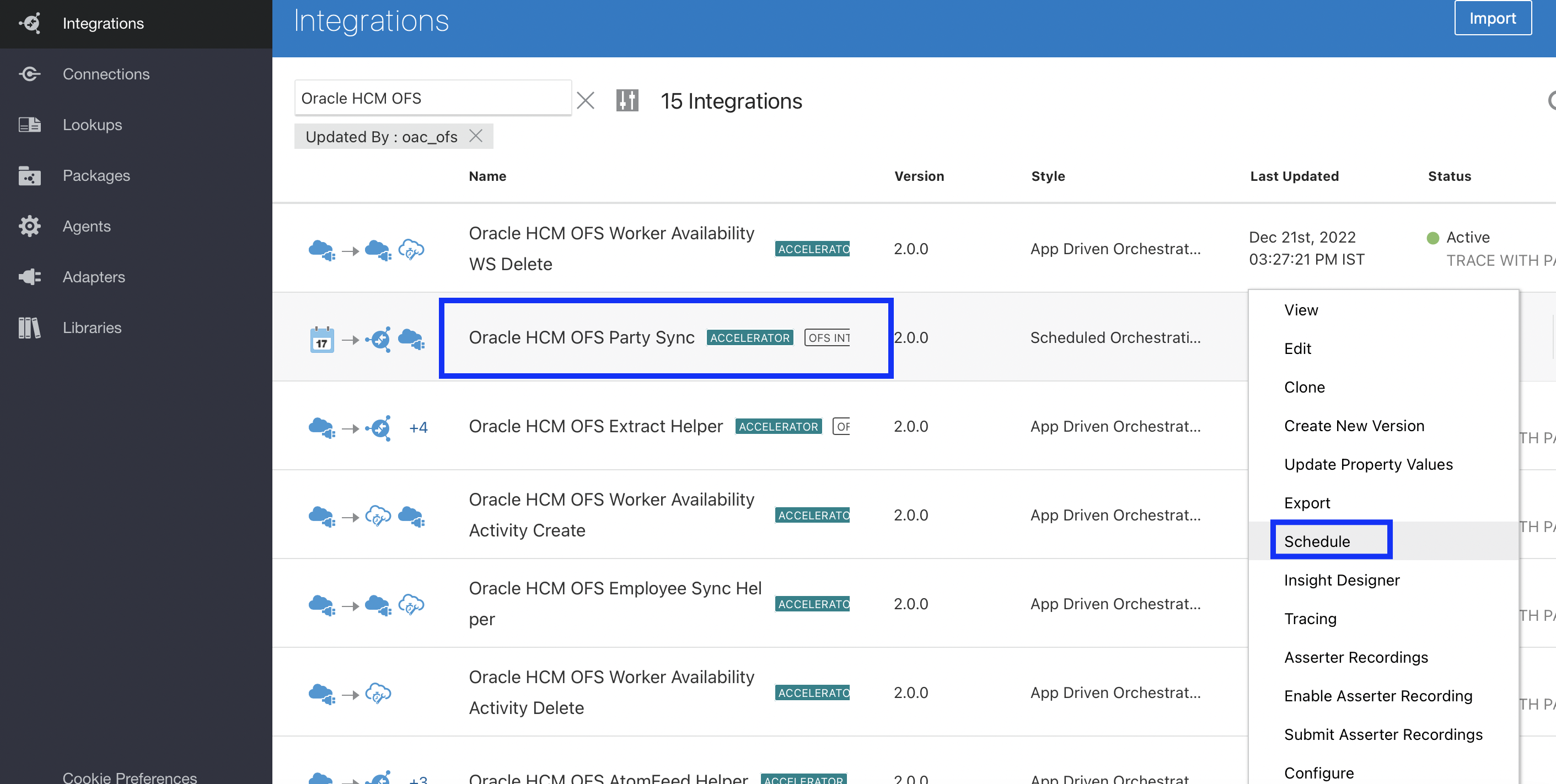 このスクリーンショットは、Oracle HCM OFSパーティ同期アクセラレータのスケジュールを示しています。
