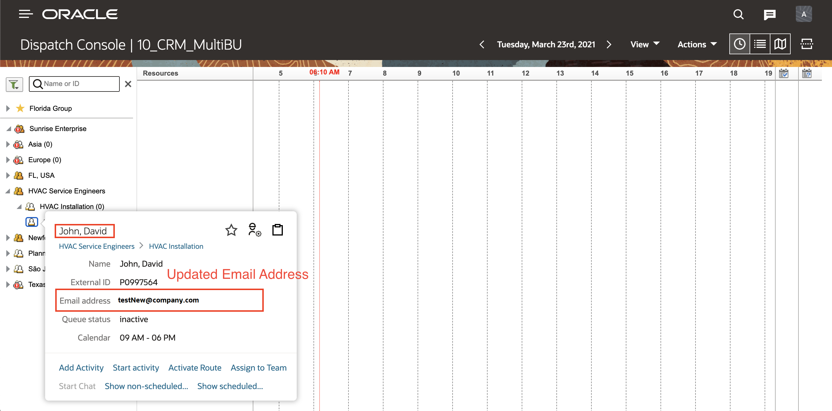 このスクリーンショットは、Oracle Field Serviceの更新されたリソースEメールIDを示しています。