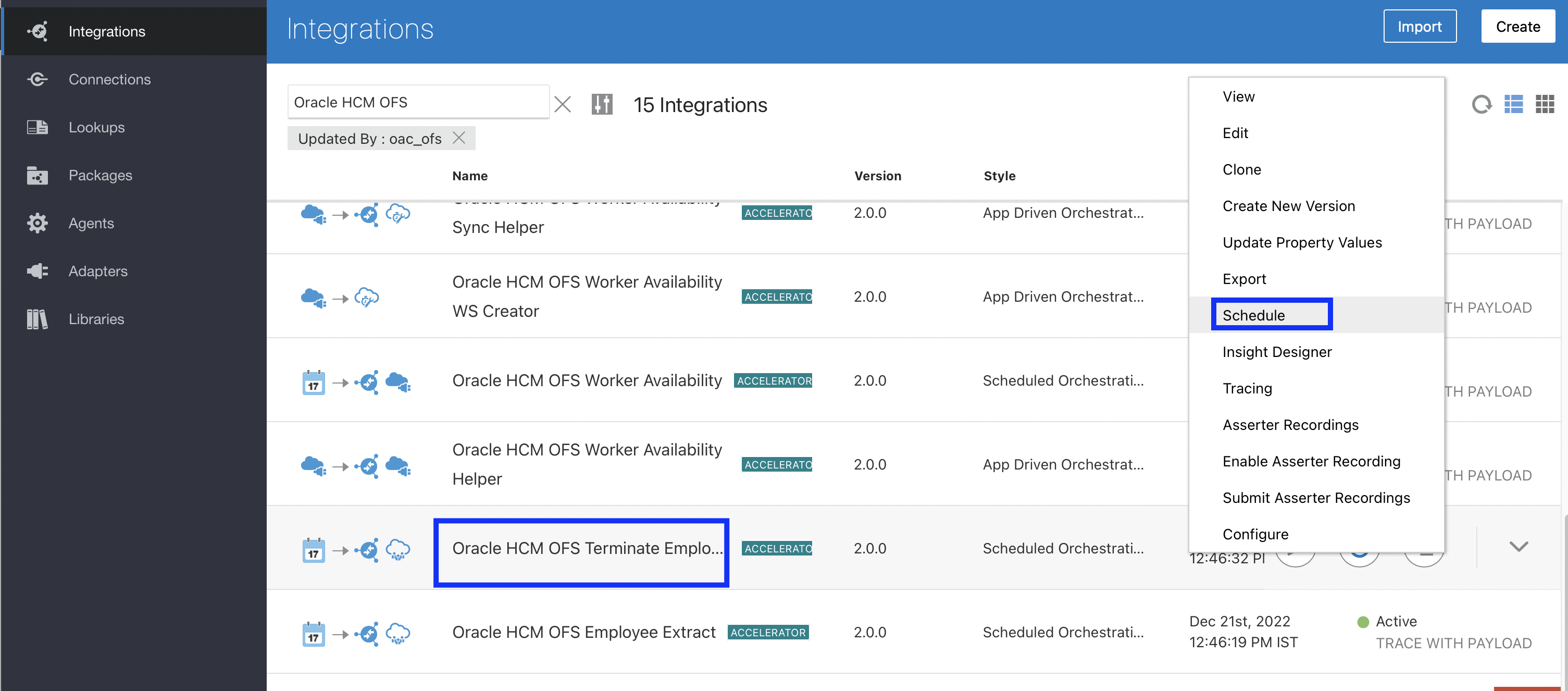 このスクリーンショットは、Oracle HCM OFS退職従業員アクセラレータのスケジューリング・オプションを示しています。