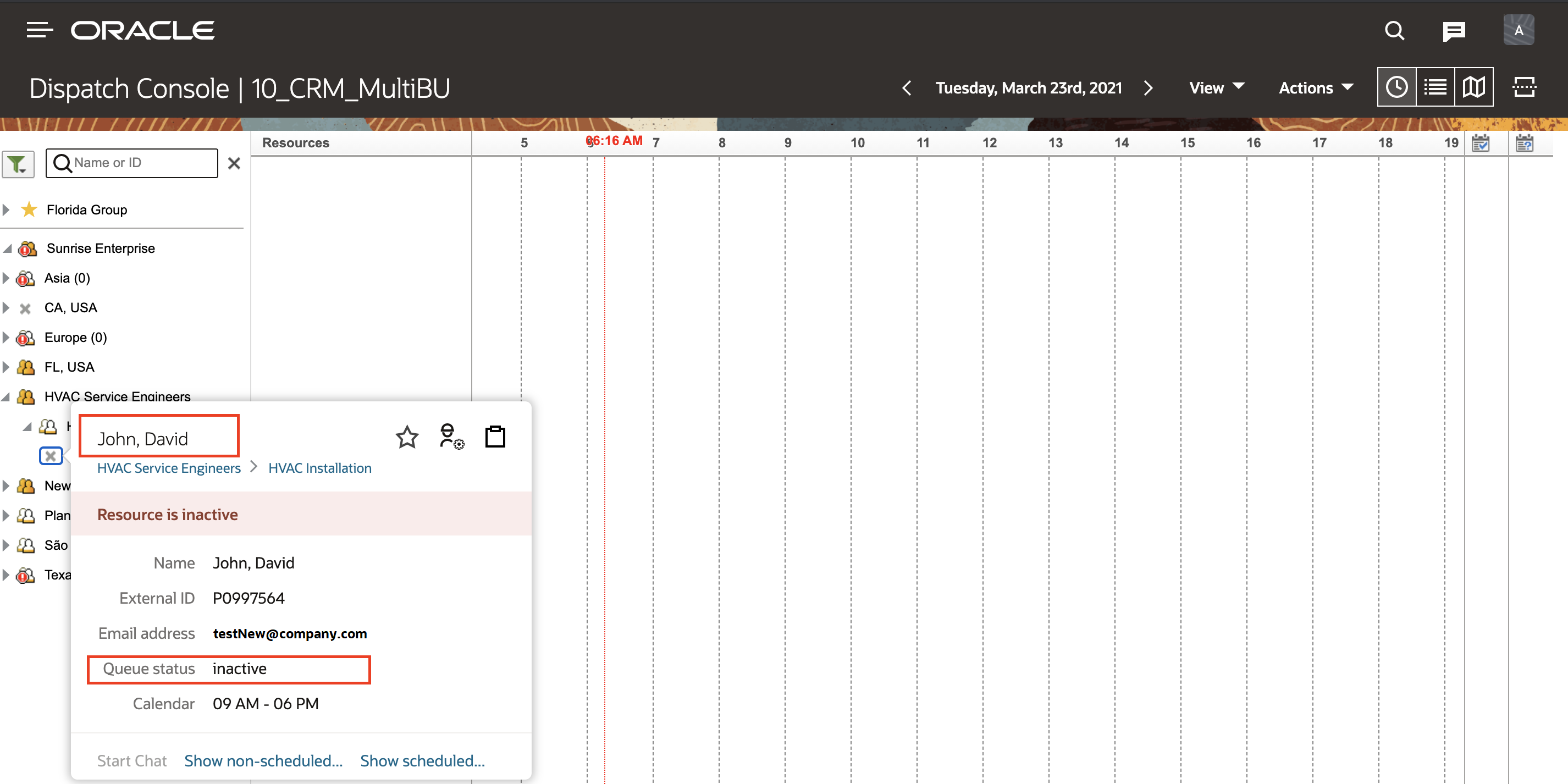 このスクリーンショットは、退職した従業員がOracle Field Serviceで非アクティブであることを示しています。