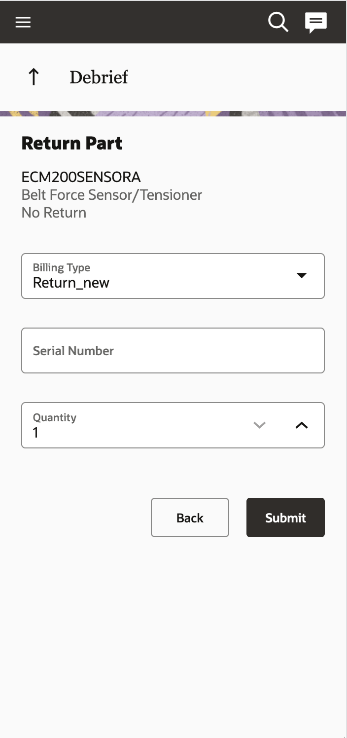 このスクリーンショットは、請求タイプおよび数量フィールドが表示された戻る「部品」ページ(幅が狭い)を示しています。