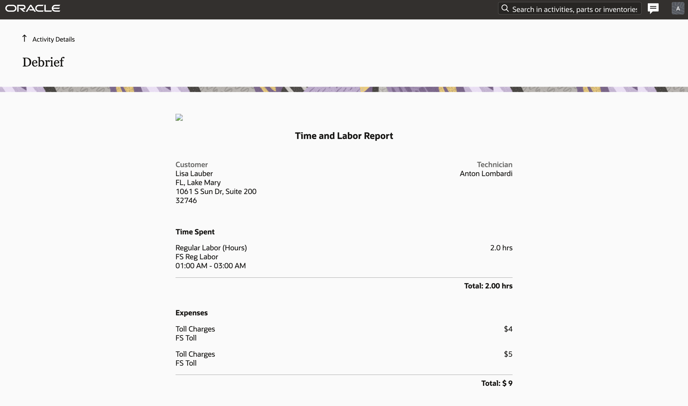 このスクリーンショットは、Time and Laborレポート(幅全体)を示しています。
