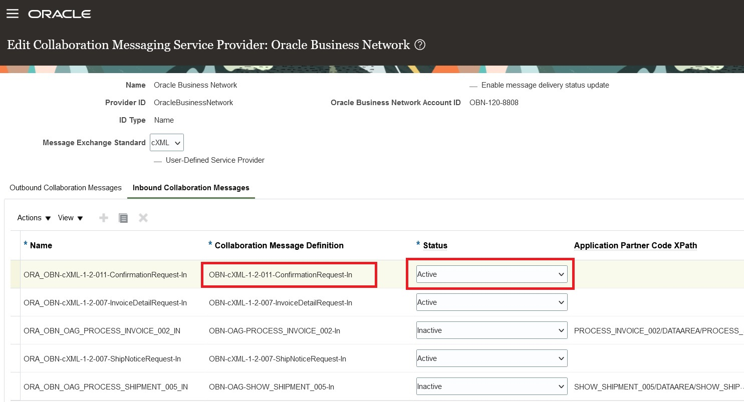 OBN-cXML-1-2-011-ConfirmationRequest-Inをアクティブに設定する方法を示すスクリーン・ショット。