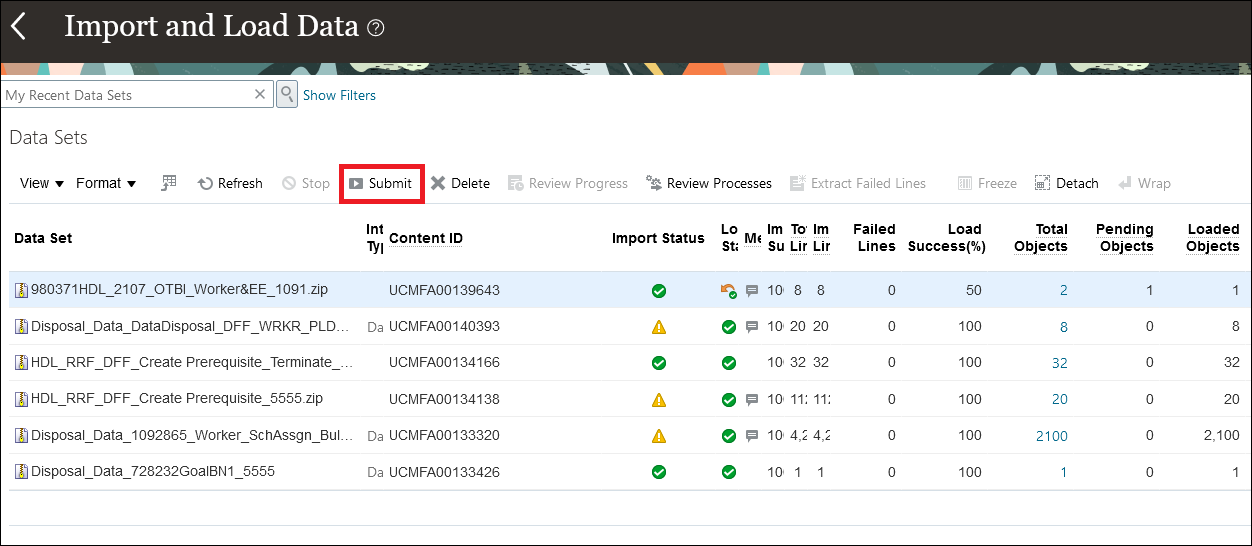 データ・セット・レベルの「送信」ボタンを含む「データのインポートおよびロード」ページ