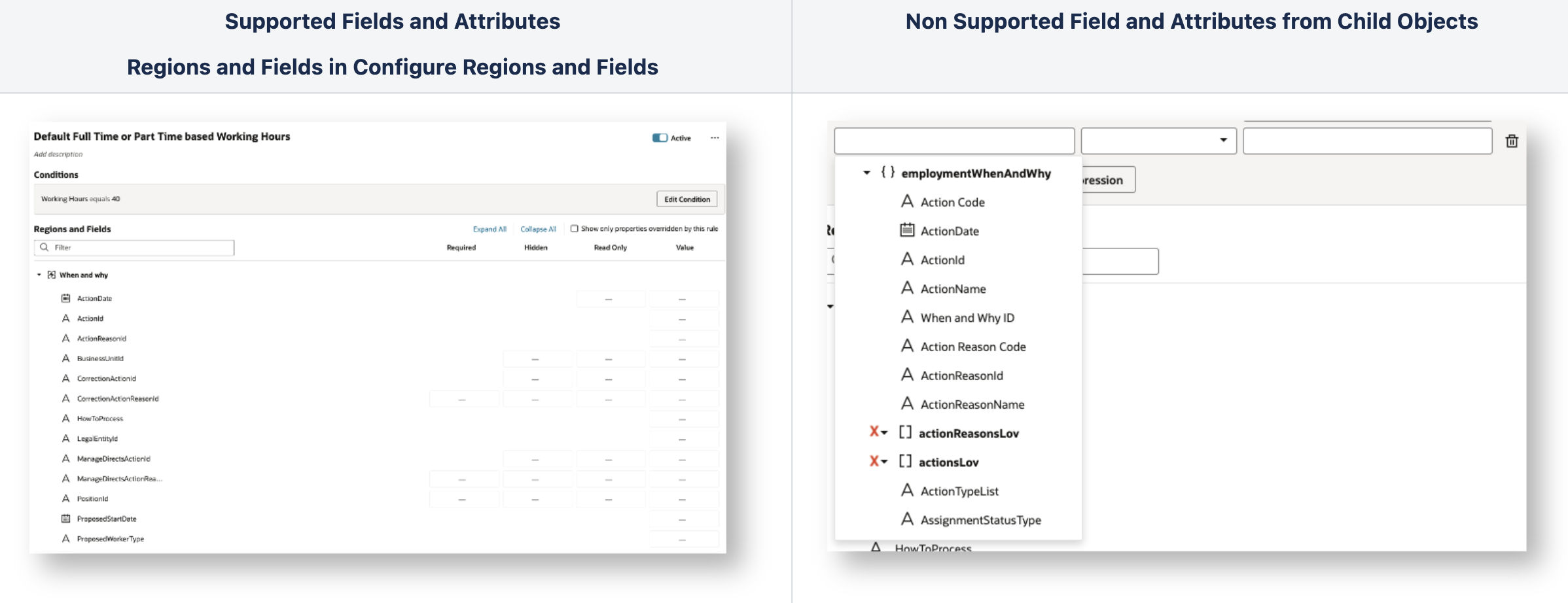 サポートされるフィールドと属性、およびサポートされないフィールドと属性