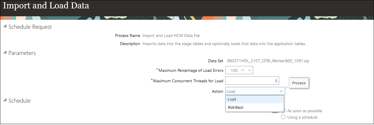 「データのインポートおよびロード」「送信」詳細ページ