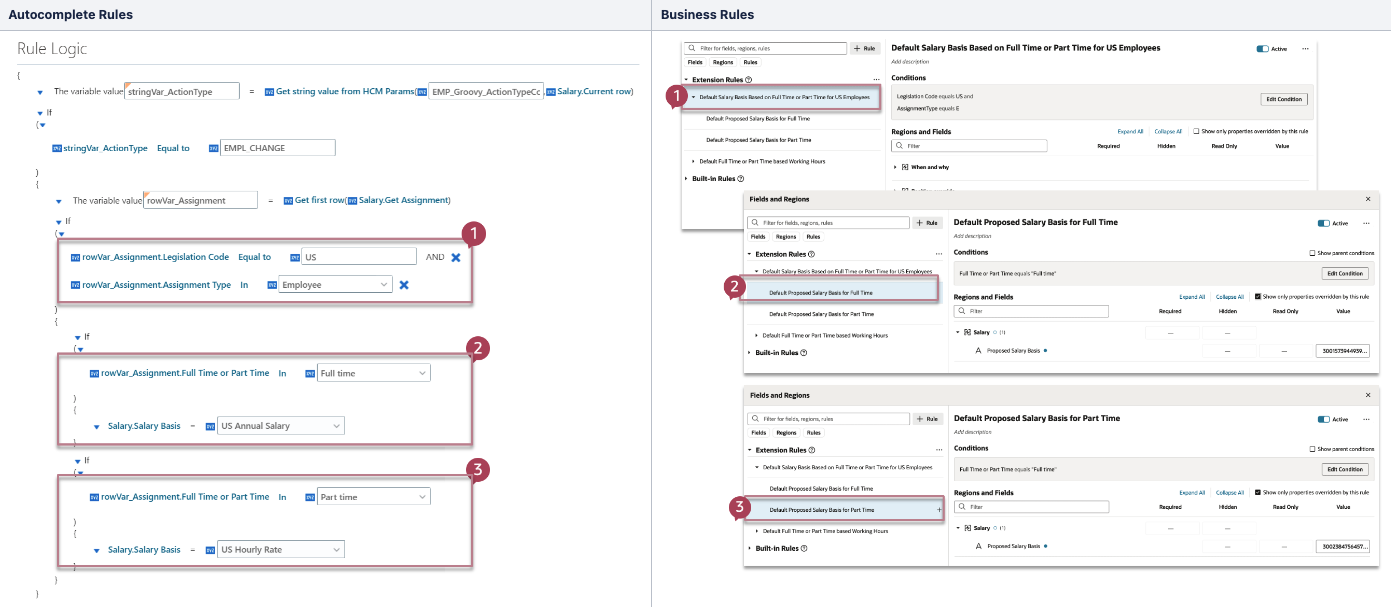 条件ブロック(L)およびネストされたルール(R)