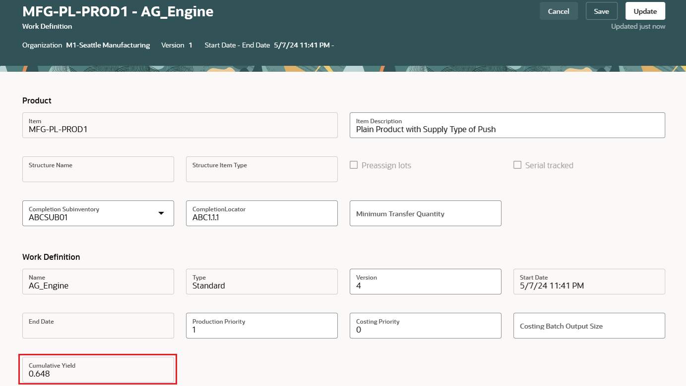 Redwoodユーザー・エクスペリエンスを使用した作業定義の累計歩留