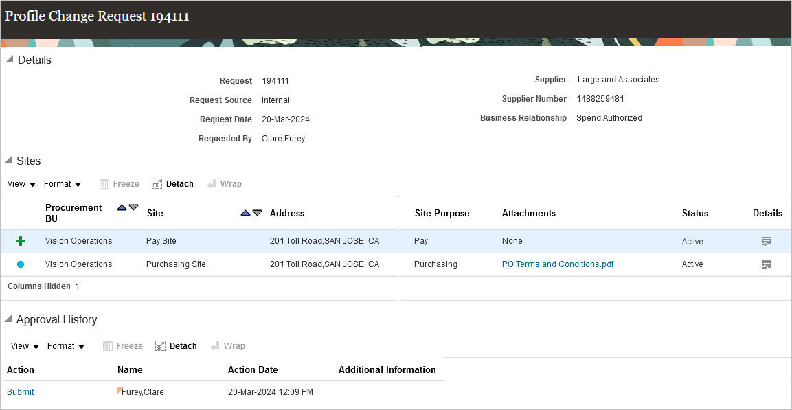 プロファイル変更要求でのサイト変更の表示
