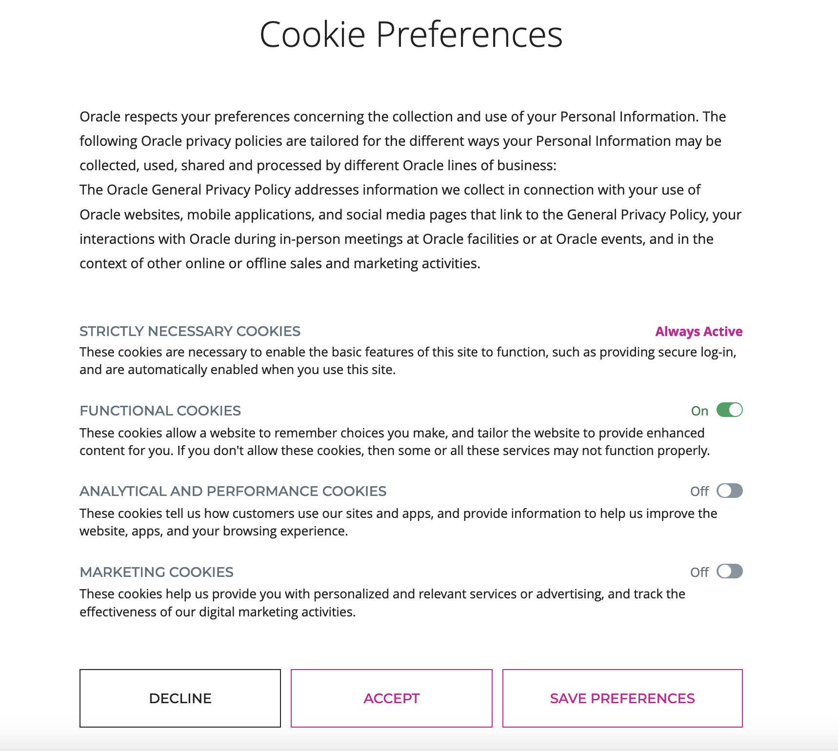デフォルトのCookieプリファレンス・テキスト