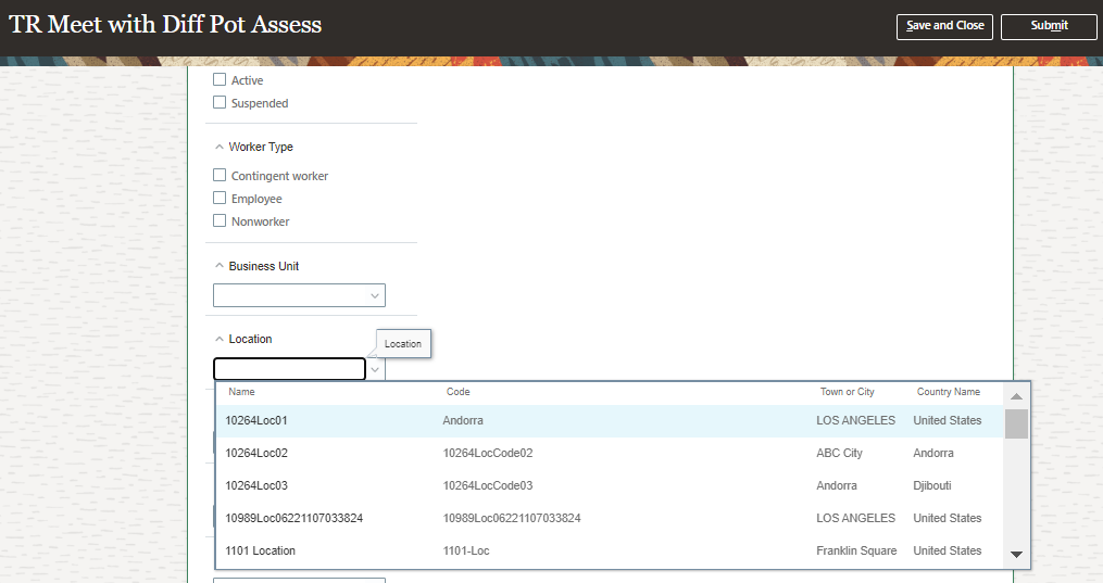 この画像は、会議構成ページの「レビュー対象就業者の選択」セクションの「事業所」フィルタの事業所の一部を示しています。