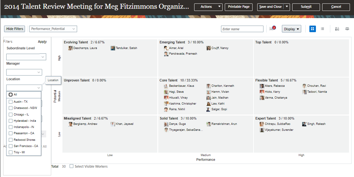 この画像は、タレント・レビュー会議ダッシュボードの「事業所」フィルタの一部の事業所を示しています。