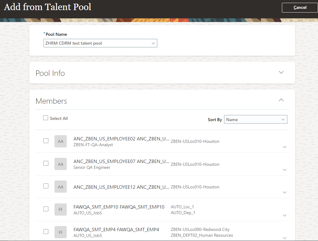 この画像は、「タレント・プールから追加」ページのメンバー詳細を示しています。