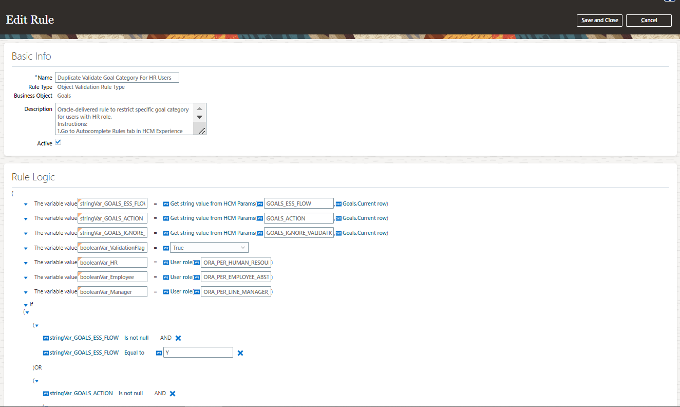 この画像は、HRユーザーの目標カテゴリの検証ルールを構成するための「ルールの編集」ページを示しています
