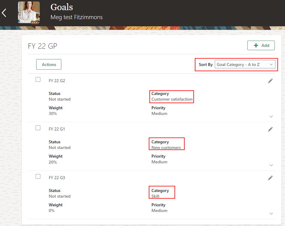 この画像は「目標」ページを示しています。目標カテゴリ - AからZソート・オプションが選択されています。
