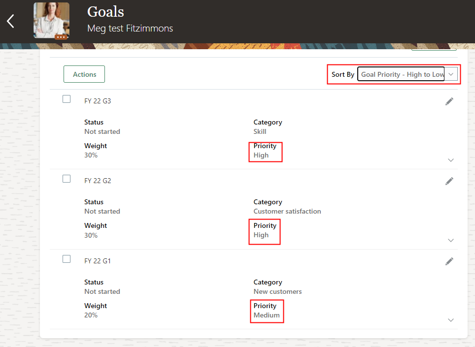 この画像は「目標」ページを示しています。目標優先度 - 高から低ソート・オプションが選択されています。