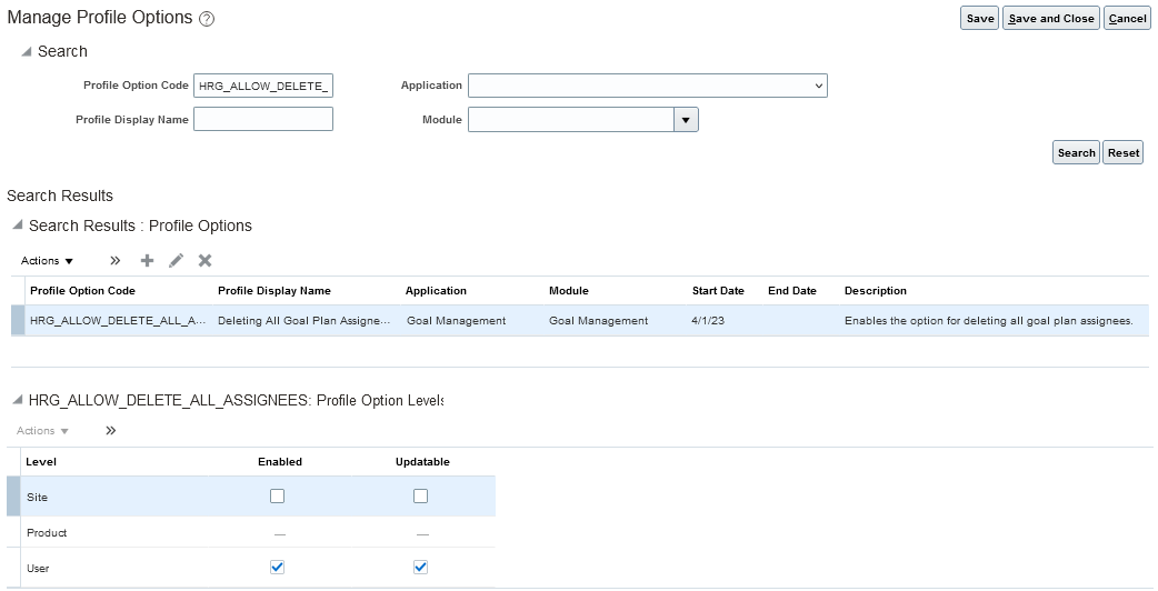 この画像は、「プロファイル・オプションの管理」ページのHRG_ALLOW_DELETE_ALL_ASSIGNEESプロファイル・オプションの構成を示しています。