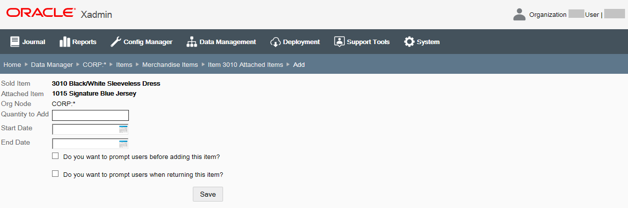 Attached Items - Add Item page