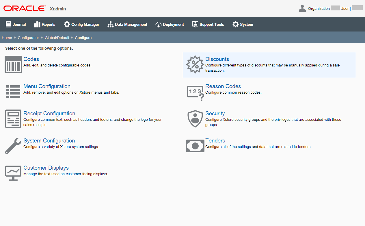 Configure Options page