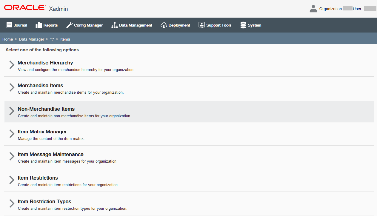 Data Manager - Items page