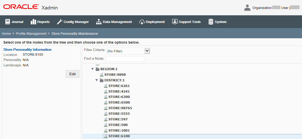 Store Personality Maintenance - Store Node Selected