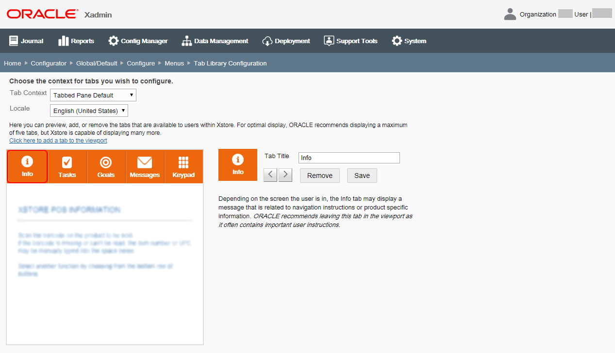 Tab Library Configuration page