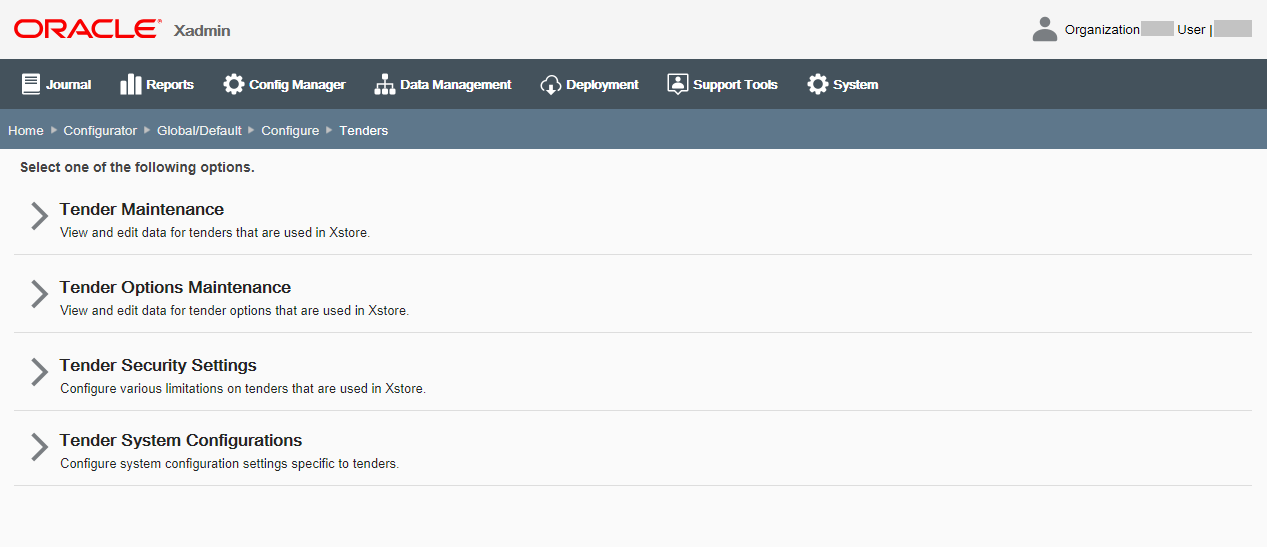 Tender Configuration page
