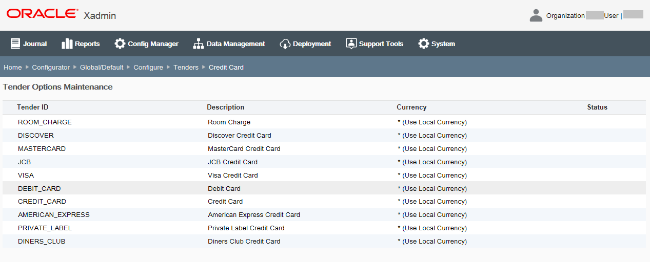 Tender Options Maintenance page
