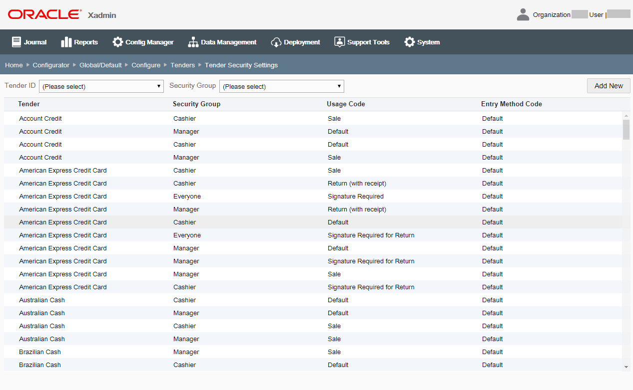 Tender Security Settings page
